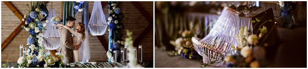 Spichlerz Wąsowo – eleganckie żyrandole i kompozycje kwiatowe w odcieniach bieli, błękitu i szałwii